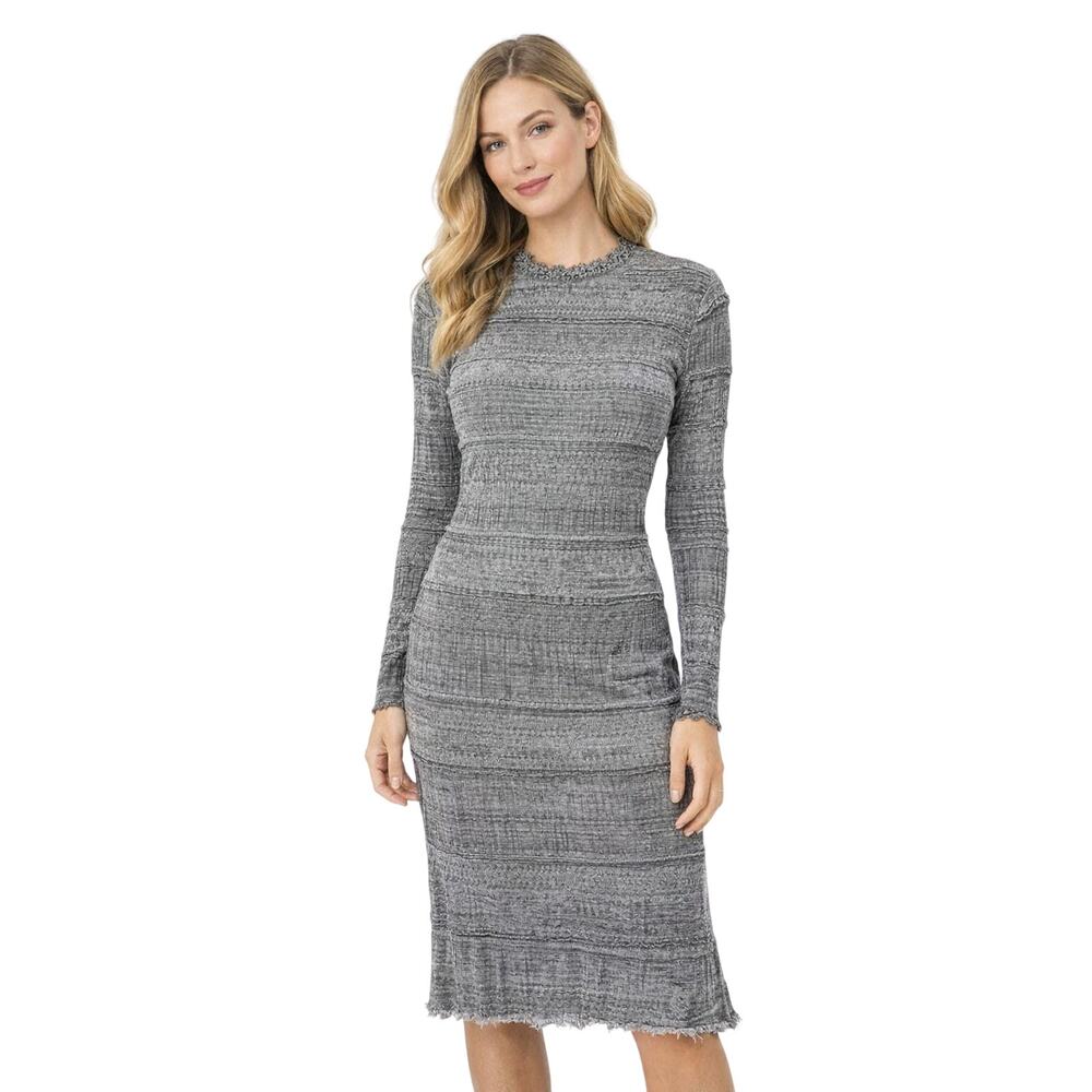 POL Textured Slate Gray Long Sleeve Midi Dress Size M Boho Distressed Hem